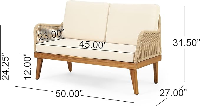 VilroCaz 4-Pieces Acacia Wood Patio Furniture Set, All-Weather Outdoor Patio Conversation Set with Coffee Table and Soft Cushions, Rope Weave Porch Chairs for Garden Backyard Porch Balcony