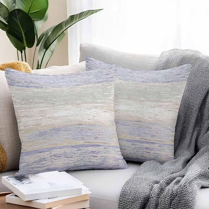 Purple Gray Outdoor Pillow Covers 16"x16" Set of 2, White Gradient Rustic Striped Minimalist Country Waterproof Throw Pillow Covers for Patio Furniture, Decorative Cushion Covers for Porch