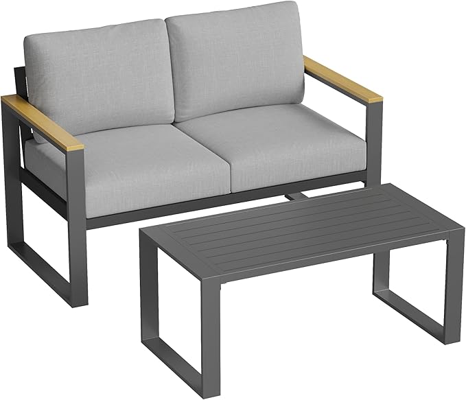 Aluminum Outdoor Patio Furniture - 1 Pcs Loveseat and Coffee Table, All-Weather Metal Modern Outside Furniture with Washable Thick Cushion for Balcony, Garden, Deck, Backyard,Gray