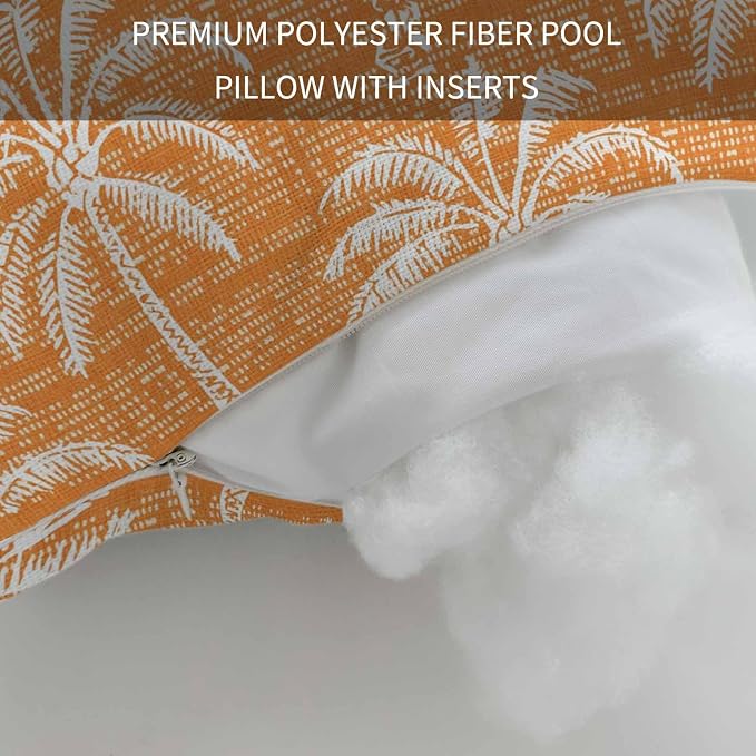 Outdoor Pillow for Chaise Lounge Chair Orange Palm Tree Summer Headrest Pillow with Adjustable Elastic Strap Set of 2,12x20 inch, Tropical Plant Retro Boho Waterproof Head Pillows for Patio Pool