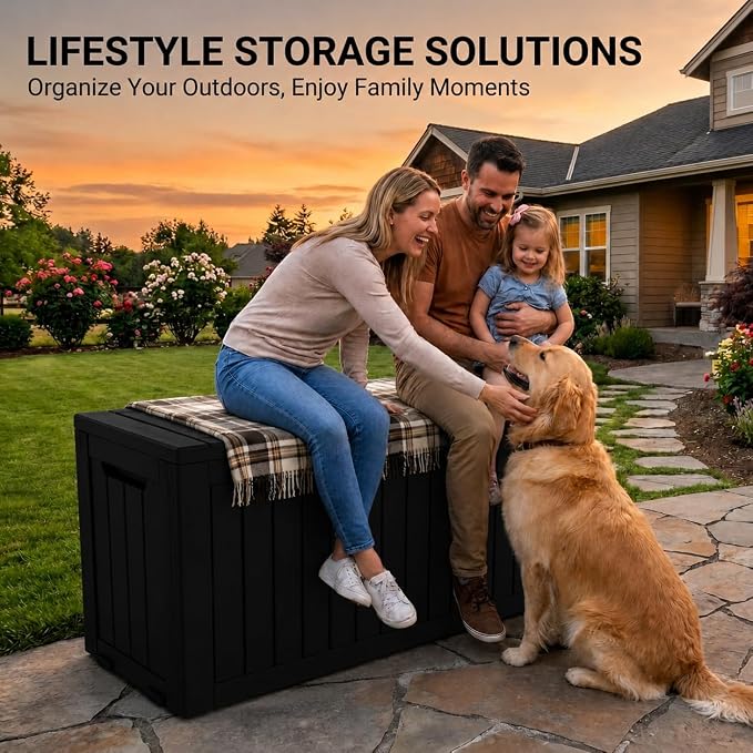 LAUSAINT HOME 260 Gallon Resin Deck Box, Outdoor Toy Storage Box, Package Delivery Box with Lockable Lid, Waterproof Outdoor Storage Box For Garden Tools, Patio Cushions(260 Gallon,Black)