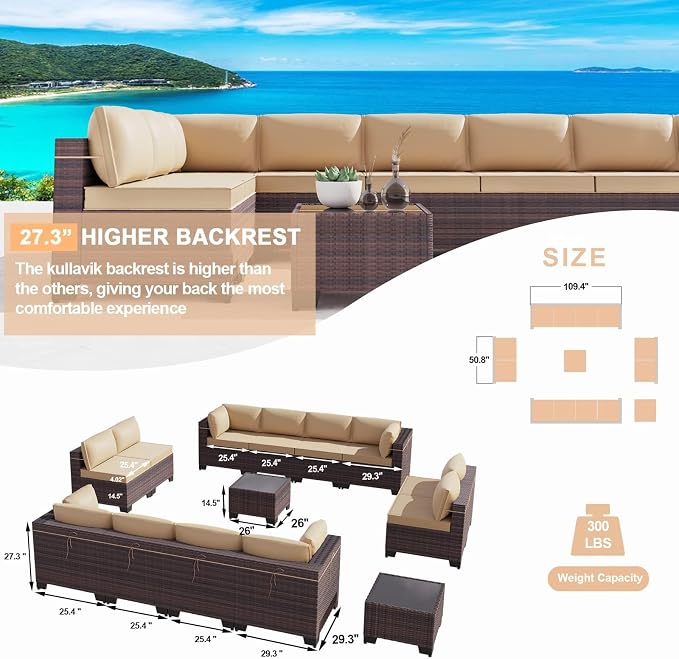 Kullavik 14PCS Outdoor Patio Furniture Set PE Wicker Rattan Sectional Sofa Patio Conversation Sets,Sand