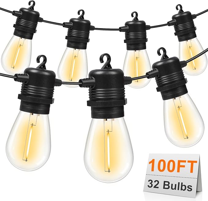 GvvooHome 100FT LED Outdoor String Lights, Commercial Grade Patio Lights with 30+2 Shatterproof S14 Edison Vintage Bulb for Outside Backyard Porch Balcony Party Cafe Decor