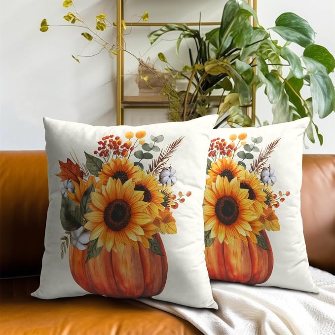 Fall Sunflower Pumpkin Pillow Cover Set of 2-18x18 Inch Autumn Flower Floral Harvest Seasonal Decorative Sofa Couch Cushion Case for Porch Patio Outdoor Indoor Home Decor, lhlhy9YBPV2F88240426