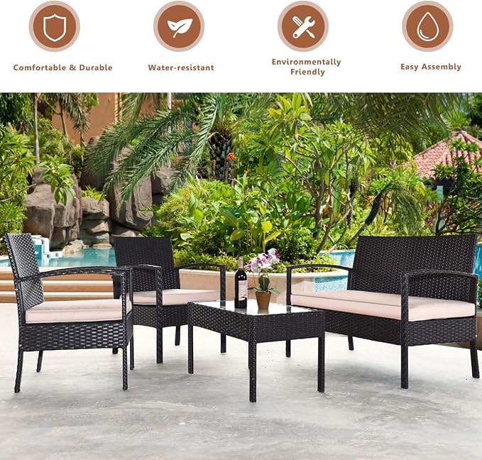 COSTWAY 8 PCS Patio Rattan Conversation Furniture Set Cushioned Seat Glass Tabletop