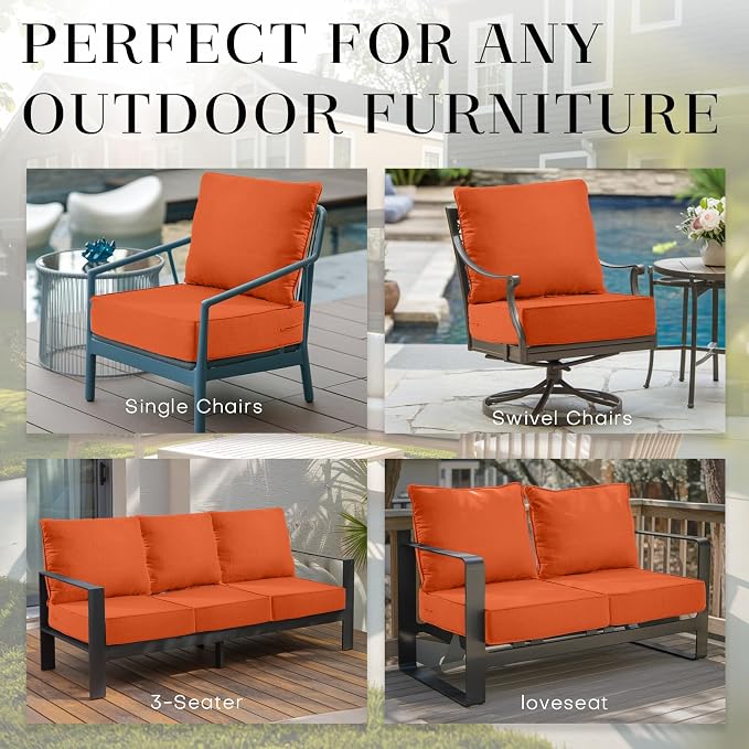 Luxury 24*24*6in Outdoor Patio Cushions, 1 Piece Orange Outdoor Cushion | 6in Outdoor Patio Cushions, Water-Resistant, Reversible, Removable Cover, for Patio Chairs Sofa Couch Loveseat