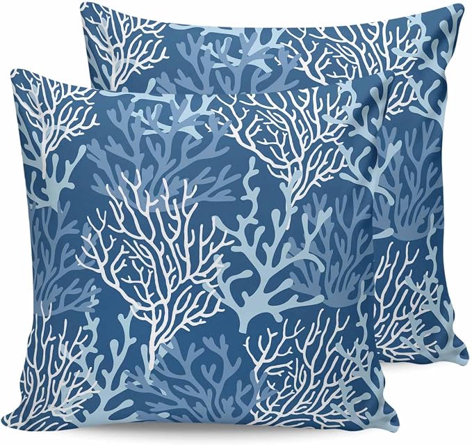 Outdoor Waterproof Throw Pillow Covers Set of 2 Blue Coral Pillowcases 24x24 Inches Nautical Coastal Marine Life Patio Decorative Pillows Cushion Case Patio Pillows for Couch Bed Chair Garden