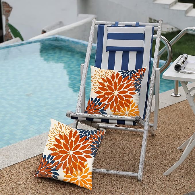 DFXSZ Outdoor Waterproof Pillow Covers 16x16 Set of 2 Orange Blue Flower | Spring Summer Waterproof Flower Throw Pillowcases（No Inserts）Outdoor Decor for Fall Patio Funiture Garden Polyester Covers