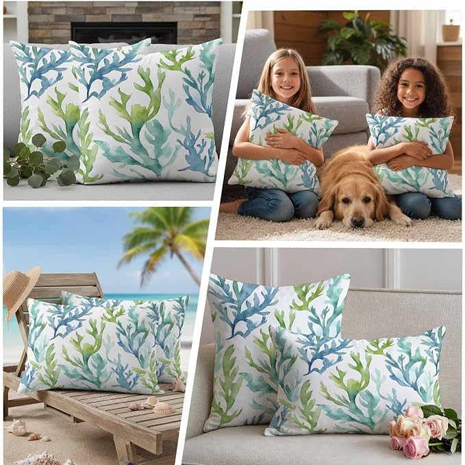 JasmineM Outdoor Pillow Cover 12x20 Inches Set of 2 Blue Teal Coral Waterproof Throw Pillow Covers Watercolor Green Decorative Pillowcases Garden Cushion Case for Patio Couch Sofa