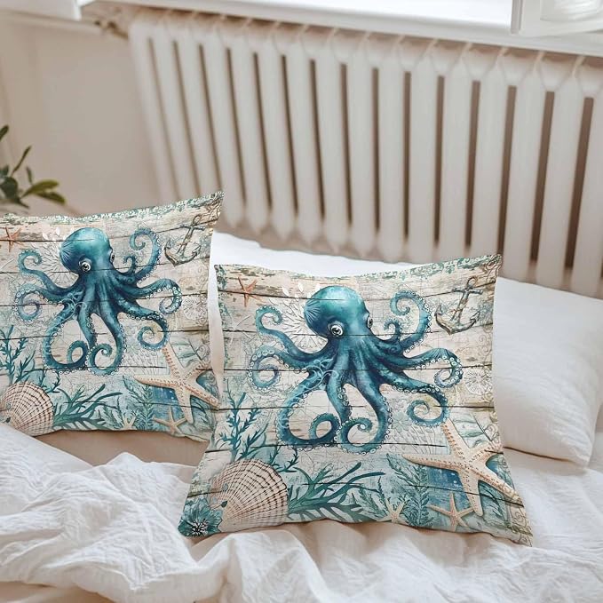 Teal Octopus Coastal Waterproof Outdoor Pillow Covers Set of 2 Home Decor, Summer Beach Nautical Starfish Retro Pillowcase Patio Pillow Covers for Couch Bench Furniture Garden 18x18in