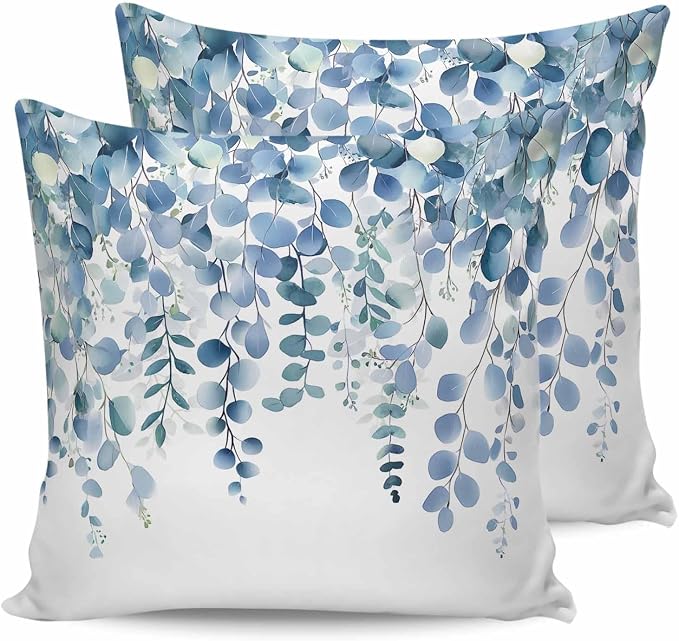 Outdoor Waterproof Pillow Covers Blue Eucalyptus Leaves Set of 2 Decorative Outdoor Pillowcases Watercolor Plant Leaf Cushion Cases for Patio Funiture Garden Couch Bench 18 x 18 Inches