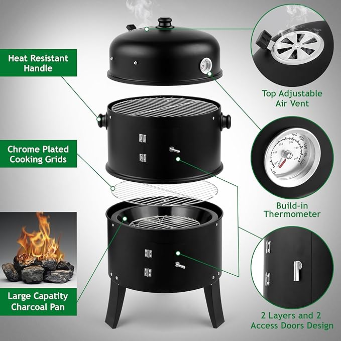 VINGLI 18 Inch Multi-Layer Charcoal BBQ Smoker Grill, Heavy Duty Round Grill, Vertical Smoker with Thermometer, for Outdoor Cooking, Patio, Parties, Backyard
