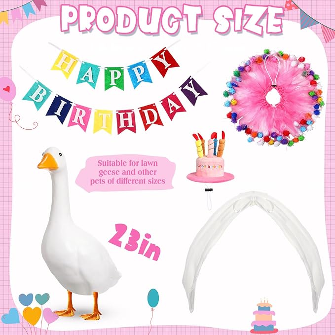 Abbylike 4 Pcs Happy Birthday Porch Goose Outfit for 23" Statues Poseable Porch Goose Wings Birthday Cake Hat for Lawn Patio Outdoor Geese Statue Decoration Accessories(Pink,Gauze Skirt Style)