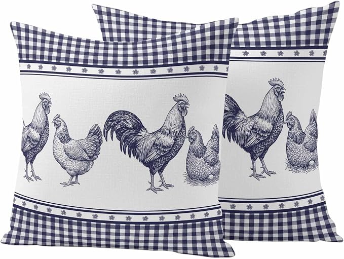 Navy Blue Rooster Outdoor Pillow Covers Waterproof, All Weather Cushion Case Set of 2, Vintage Farmhouse Blue Plaid Decorative Pillowcases for Sofa Couch Bed Decor Patio Furniture 16"x16"