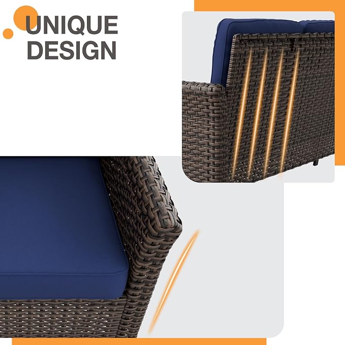 COOS BAY Harbor Retreat 3 Piece Outdoor Furniture Set, Patio Conversation Set with 2 Seat Loveseat and Ottomans, Wicker Furniture, Brown/Blue
