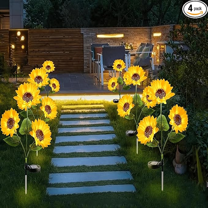 2026 Upgraded Solar Garden Lights, 4-Pack 12 Sunflowers Outdoor Waterproof Solar Lights, 27” Tall Auto On/Off Solar Flowers Lights for Garden Patio Yard Backyard Decor