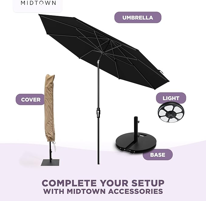 The Swilt 9 Feet Outdoor Umbrella With Terylast Ebony (Black) Polyester Fabric - Fiberglass Ribs, Auto-Tilt And Swivel Aluminum Frame Patio Umbrella For Deck, Garden, Pool - Black Pole