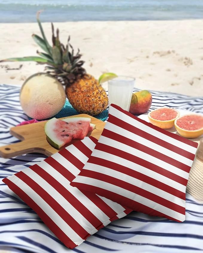Outdoor Waterproof Pillow Covers for Patio Furniture Merry Christmas Decorative Throw Pillow Cover Red And White Stripes Pillowcases Set of 2 Cushion Case for Sofa Couch Chair Home Decor 24 x 24 In