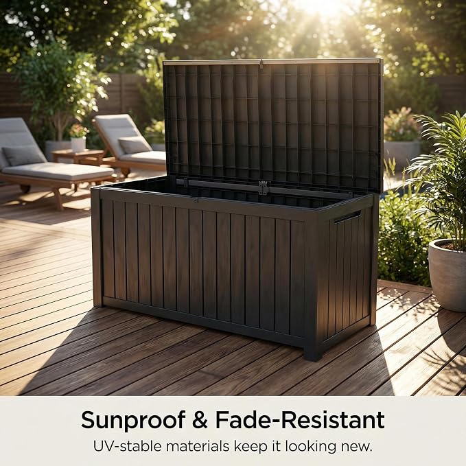 180 Gallon Outdoor Storage Box, Resin Deck Box Lockable Waterproof for Patio Furniture Cushions, Garden Tools, UV Resistant Outside Storage Bin（Black）