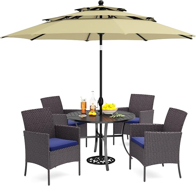 PHI VILLA 5pc Patio Dining Set with Umbrella, Round Table, Rattan Chairs | Outdoor Dining Set for 4, 42" Metal Table & 4 Cushioned Rattan Chairs with Beige Umbrella for Outdoor, Deck, Yard, Porch