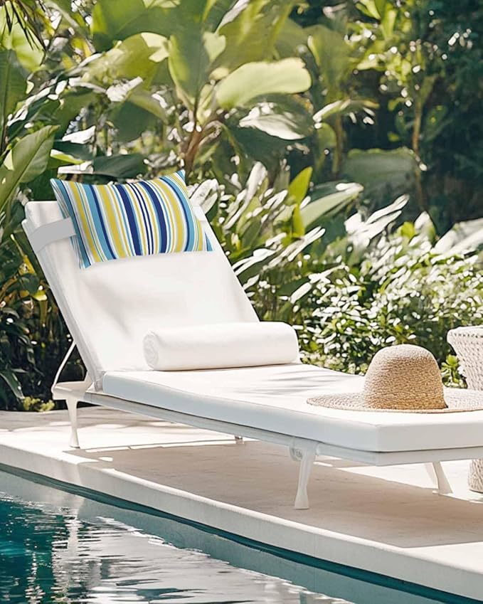 Outdoor Pillows Covers with Inserts Aqua Navy Blue and Yellow Colorful Texture Waterproof Recliner Pillow with Adjustable Strap Throw Pillows for Patio Furniture Pool Lounge Chair, 12x20 inch, 1PCS