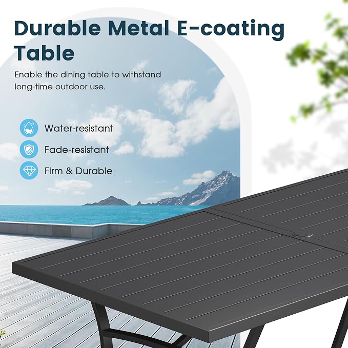9 Pieces Patio Dining Set, 71" Rectangular Dining Table with Umbrella Hole, 8 Stackable Textilene Fabric Chairs, Metal Structure for Patio, Porch, Garden(Grey Table, Black Chair)