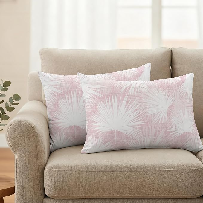 Lumbar Pillow Covers 20x12 Inch Set of 2, Pink Palm Leaves Coastal Waterproof Outdoor Pillow Covers, Summer Tropical Botanical Boho Decorative Cushion Pillowcases for Couch, Sofa, Bed, Garden, Patio