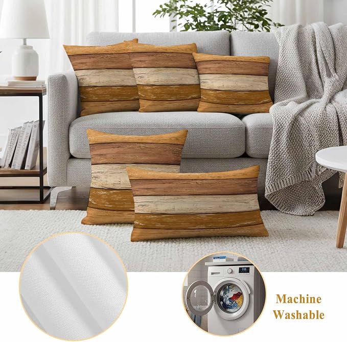 Farmhouse Yellow Brown Outdoor Waterproof Pillow Covers, Vintage Wooden Striped Decorative Square Throw Pillowcase Sofa Cushion Sham for Patio/Couch/Chair, 24"x24" 2 Pack