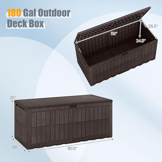 HAPPYGRILL 180 Gal Outdoor Deck Box, Lockable Storage Bin with Lid and Handles, Waterproof and Sun-Protective Patio Bench and Storage Box for Garden Tools Pool Supplies (Dark Brown, 180Gallon)