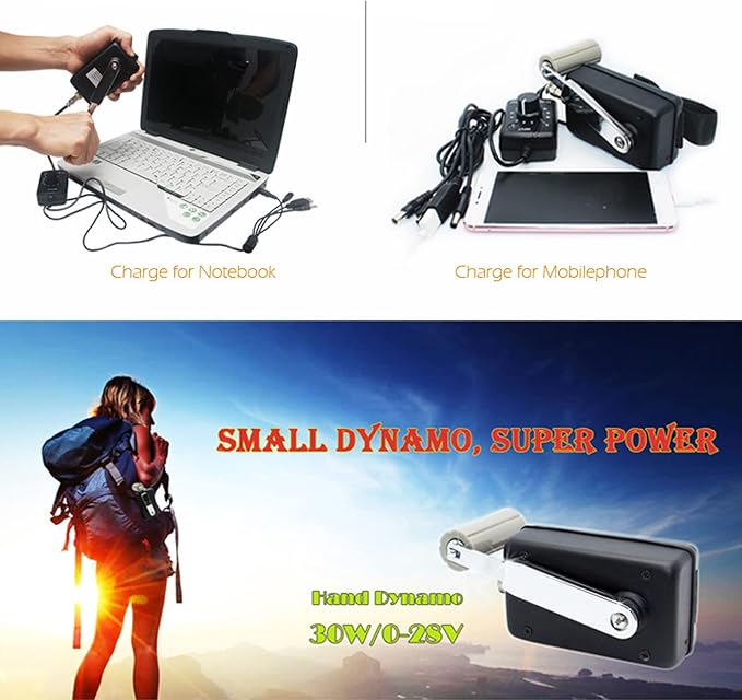 Hand Crank Generator Portable 30W Small Black Alloy Emergency Charger - High Efficiency, Shockproof, Ideal for Outdoor Use
