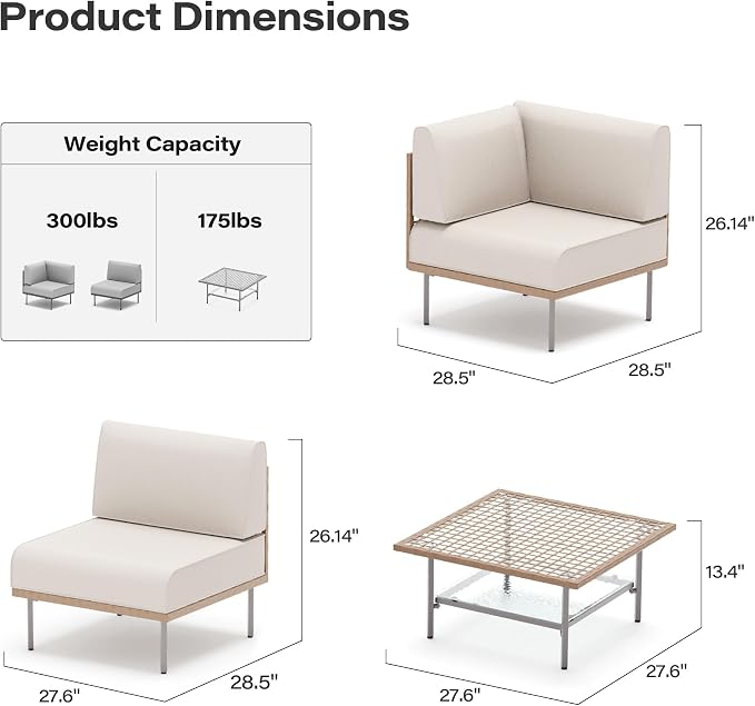 LAUSAINT HOME 5-Piece Outdoor Patio Furniture Set, Wicker Outdoor Conversation Set PE Rattan Sectional Sofa with Washable Cushions and Tempered Glass Table for Garden (Beige)
