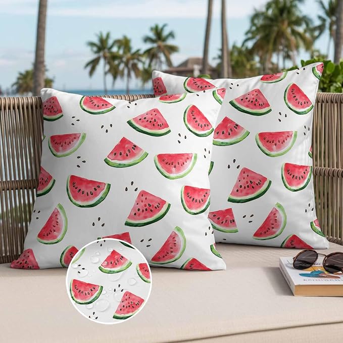 Summer Watermelon Waterproof Outdoor Pillow Covers Set of 2 Home Decor, Modern Tropical Fruit Watercolor Pillowcase Patio Pillow Covers for Couch Bench Furniture Garden 20x20in