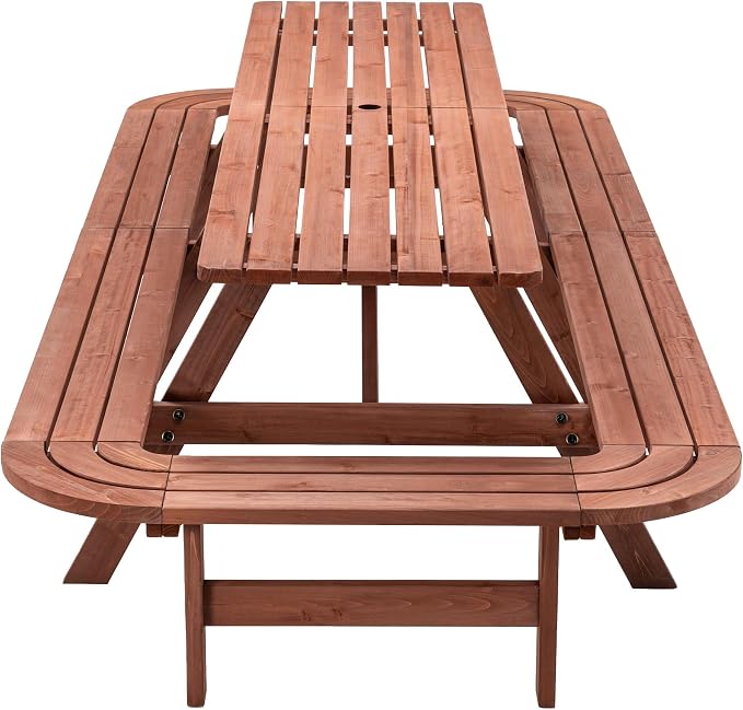 121'' Large Outdoor Dining Table, Rectangular Wooden Patio Dining Table & 2 Built-in Bench for 16, 2" Umbrella Hole, Suitable for Backyard Garden Porch, Brown