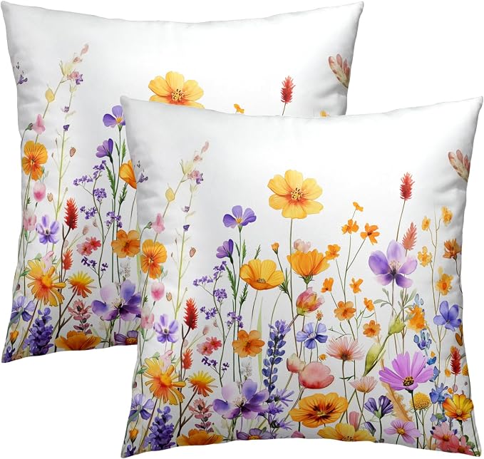 Watercolor Wildflowers Throw Pillow Covers 22x22 Inch Pack of 2, Orange Purple Floral Leaves Spring Summer Seasonal Square Cotton Pillowcases for Couch Sofa Garden Outdoor Decor