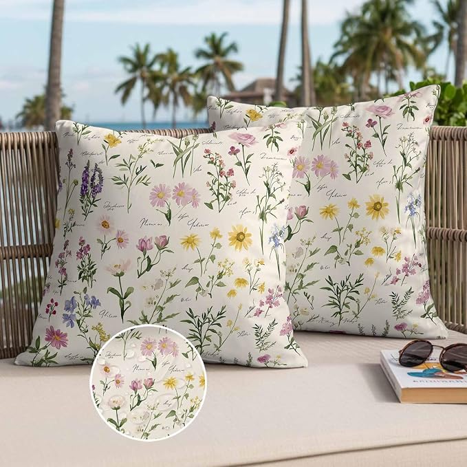 Throw Pillow Covers 24x24 Inch Set of 2, Botanical Garden Florals Waterproof Outdoor Pillow Covers, Spring Watercolor Wildflowers Decorative Cushion Pillowcases for Couch, Sofa, Bed, Garden, Patio