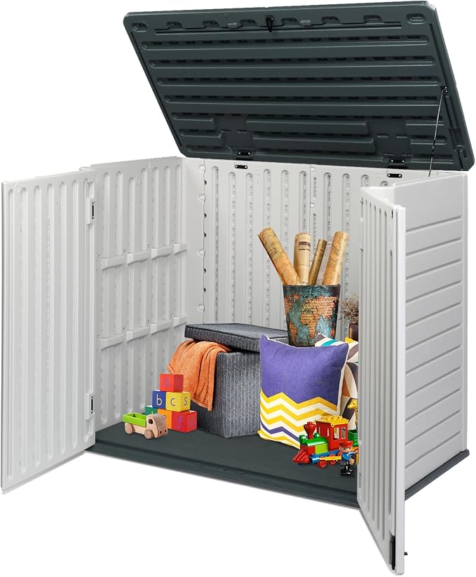 Upgraded 260 Gallon Outdoor Storage Box, Lockable HDPE Storage Containers with Lid, Wooden Grain Surface Deck Box Patio Furniture for Garden, Pool, Balcony, Yard