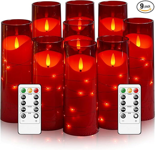 Eebuss Flameless Candles with Embedded Star String, Battery Operated LED Pillar Candles with Timer and Remote Control,Home Decorating for Ambiance， Set of 9 (Red)