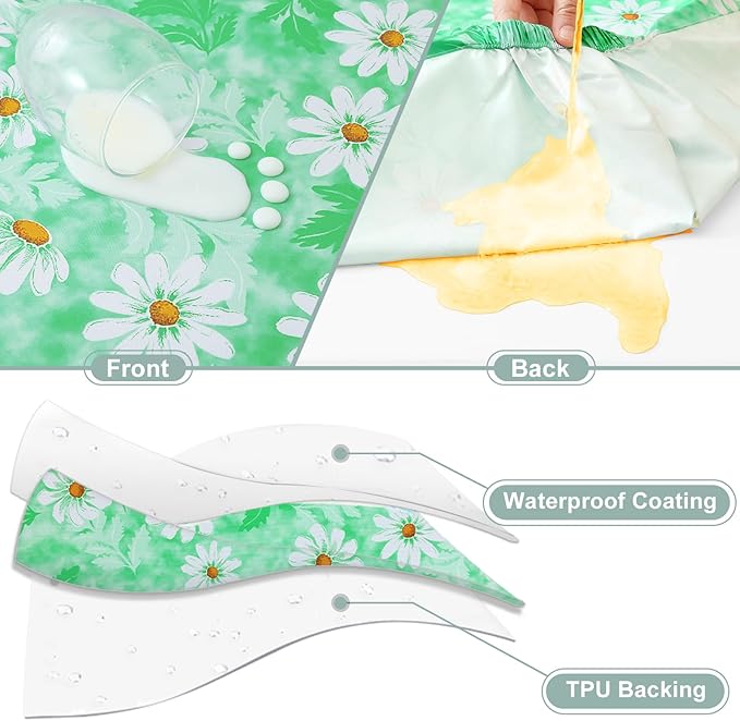 misaya Picnic Table Cover with Bench Cover, Waterproof Elastic Fitted Tablecloth for 6 Foot Tables, Rectangle Washable Polyester Tablecloths for Picnic, Camping, Outdoor (Green Daisy, 30" x 72")