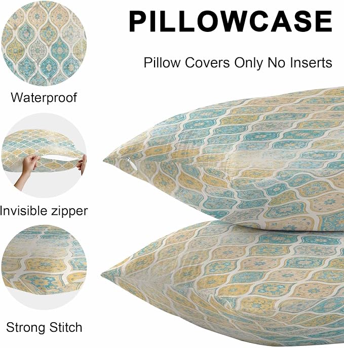 Turquoise Yellow Boho Outdoor Pillow Covers 24x24 Inch Throw Pillow Covers Set of 2 Waterproof Decorative Pillow Cases Southwest Aztec Abstract Geometric Cushion Covers for Patio Furniture Garden