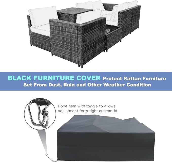 RELAX4LIFE 8-Piece Patio Furniture Set - PE Wicker Conversation Set w/Soft Cushions & Tempered Glass Storage Table, Outdoor Sectional Sofa Set for Garden, Poolside, Backyard (Grey)