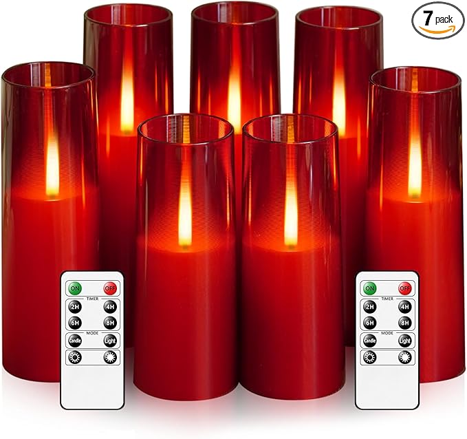 kakoya Flameless LED Candles Upgraded Realistic Flickering Flame,7Pcs Battery Operated Candles with Remote Timers,LED Pillar Candles for Home Decor,Christmas,and Parties(Red)