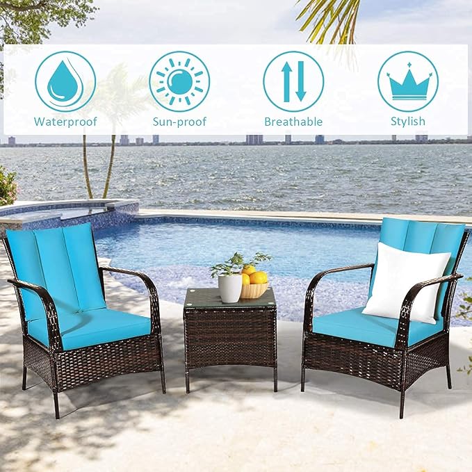 Tangkula 3 Piece Patio Furniture Set, 2 Wicker Chairs with Glass Top Coffee Table, Outdoor Garden Porch Poolside Furniture Set for 2, Rattan Conversation Set