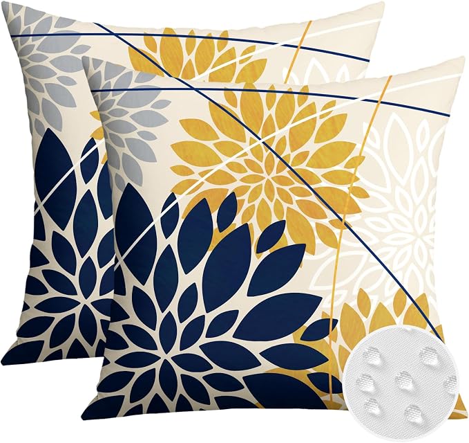 OTOSTAR Outdoor Dark Blue Yellow Pillow Covers 20x20 Inch Set of 2 Light Grey Flower Throw Pillows Geometric Dahlia Floral Square Cushion Case Waterproof Decor for Sofa Patio Funiture Garden