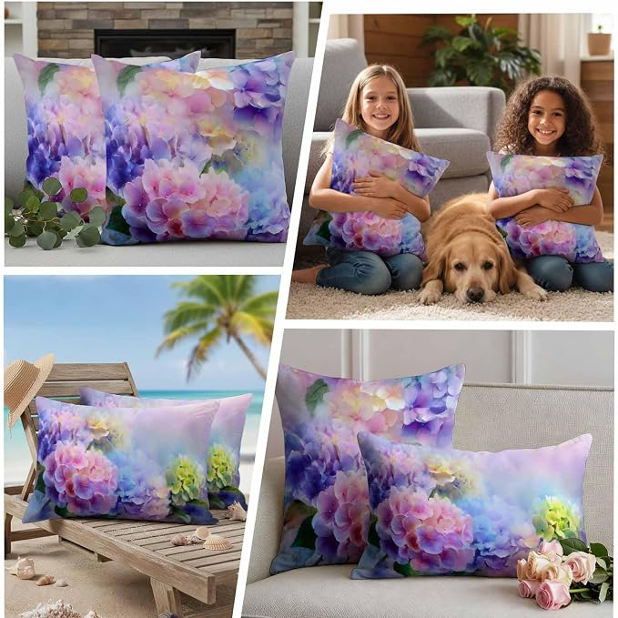 Pink Purple Floral Outdoor Pillow Cover 24x24 Inch Cushion Sham Case, Spring Hydrangea Flower Fantasy Botanical Waterproof Decorative Square Throw Pillowcase for Outside Garden Patio Porch Couch Chair