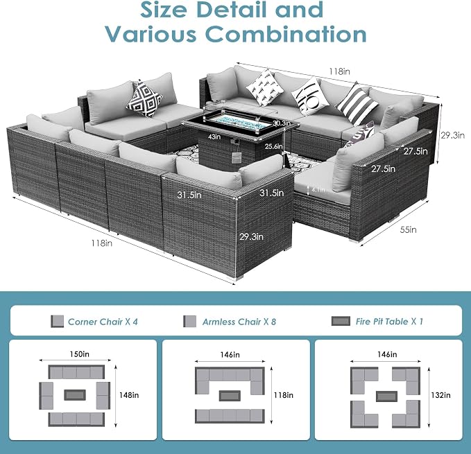 BULEXYARD 13 Piece High Back Outdoor Furniture Sets with Fire Pit, Luxury Patio Sectional Couch Sofa 12-Seater Modular, Comfortable Extra Large Wide Deep Backyard Seating Conversation Set, Light Grey