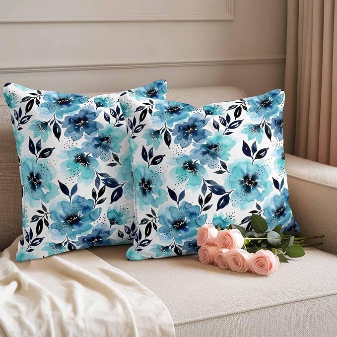 Botanical Floral Leaves Outdoor Pillow Covers 18"x18" Set of 2, Watercolor Painting Blue Gradient Blooms Waterproof Throw Pillow Covers for Patio Furniture, Decorative Cushion Covers for Porch