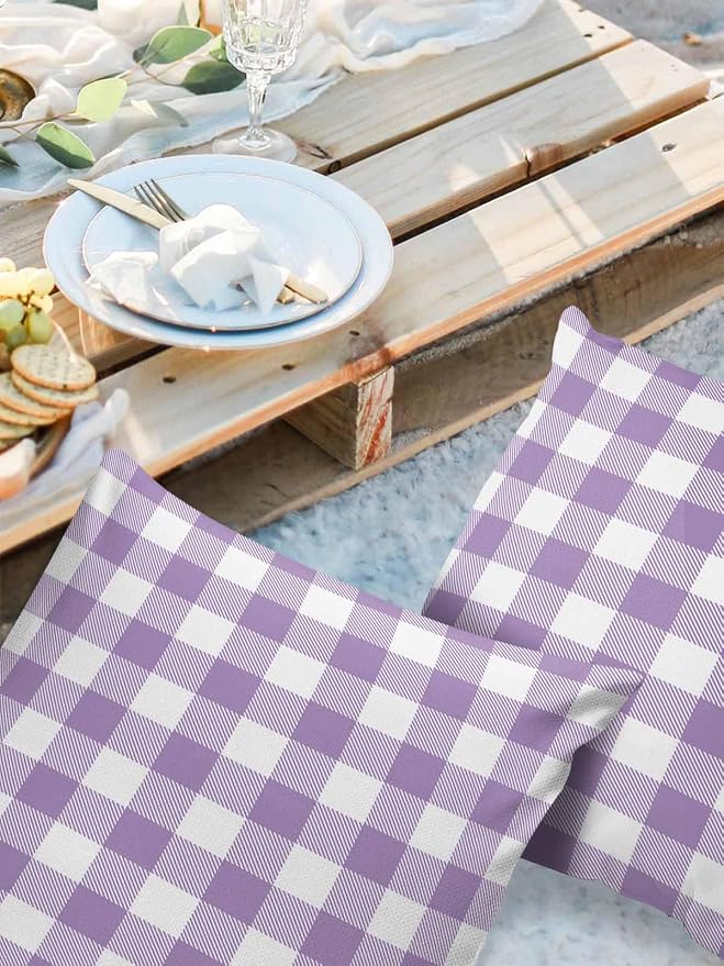 Outdoor Waterproof Throw Pillow Covers Set of 2 Purple Buffalo Check Plaid Pillowcases 26x26 Inches Farmhouse Style Patio Decorative Pillows Cushion Case Patio Pillows for Couch Bed Chair Garden
