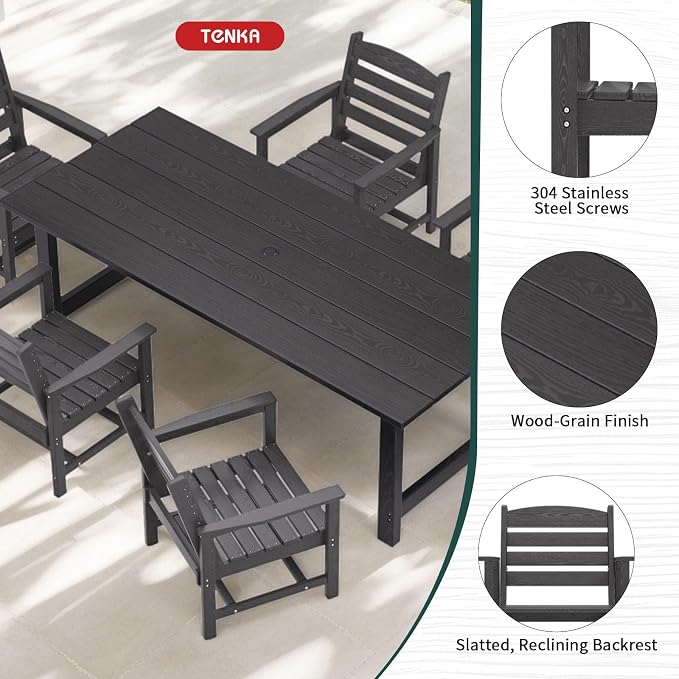 TenKa 7 Piece HDPE Patio Furniture Set for 6, Dining Table and Chairs, Outdoor Table with Umbrella Hole, Outdoor Dining Set for Garden, Backyard, Lawn, and Poolside
