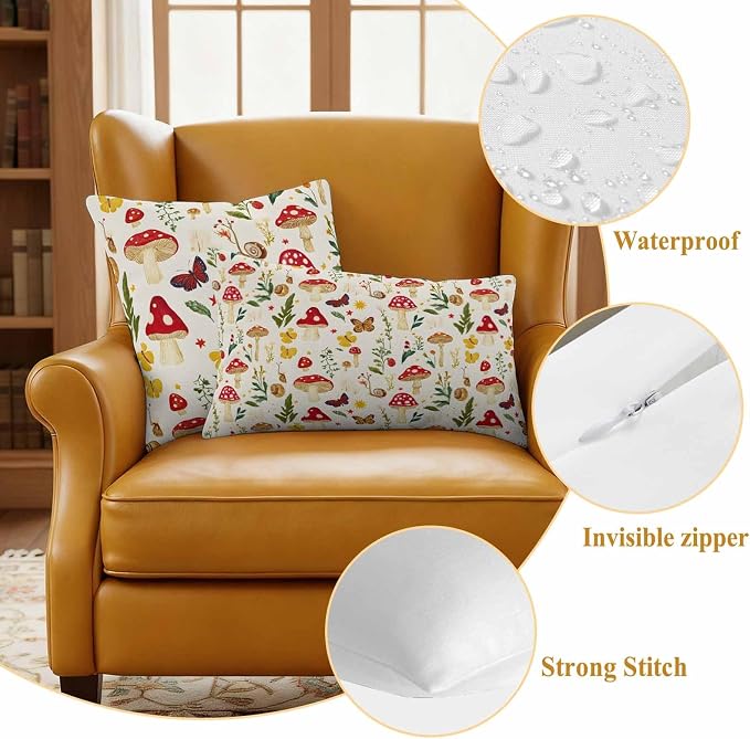 Rustic Mushroom Outdoor Waterproof Throw Pillow Covers Set of 2, 26"x26", Leaf Butterfly Botanical Plants Country Decorative Pillow Covers Outside Cushion Case for Patio Porch Garden