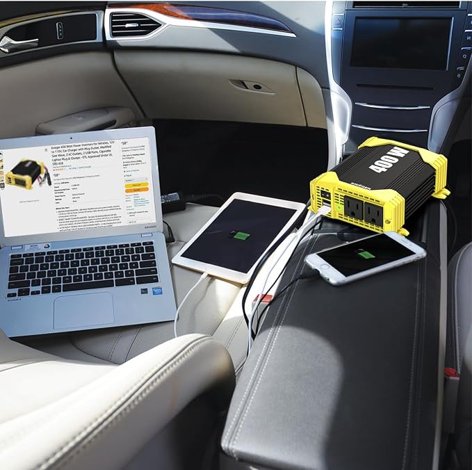 K KRIËGER 400 Watt 12V DC to 110V AC Car Power Inverter 2 Outlets, USB Ports, Cigarette Lighter Plug & Clamps for Vehicles, Road Trip Essentials Accessories- ETL Certified to UL & CSA Standard